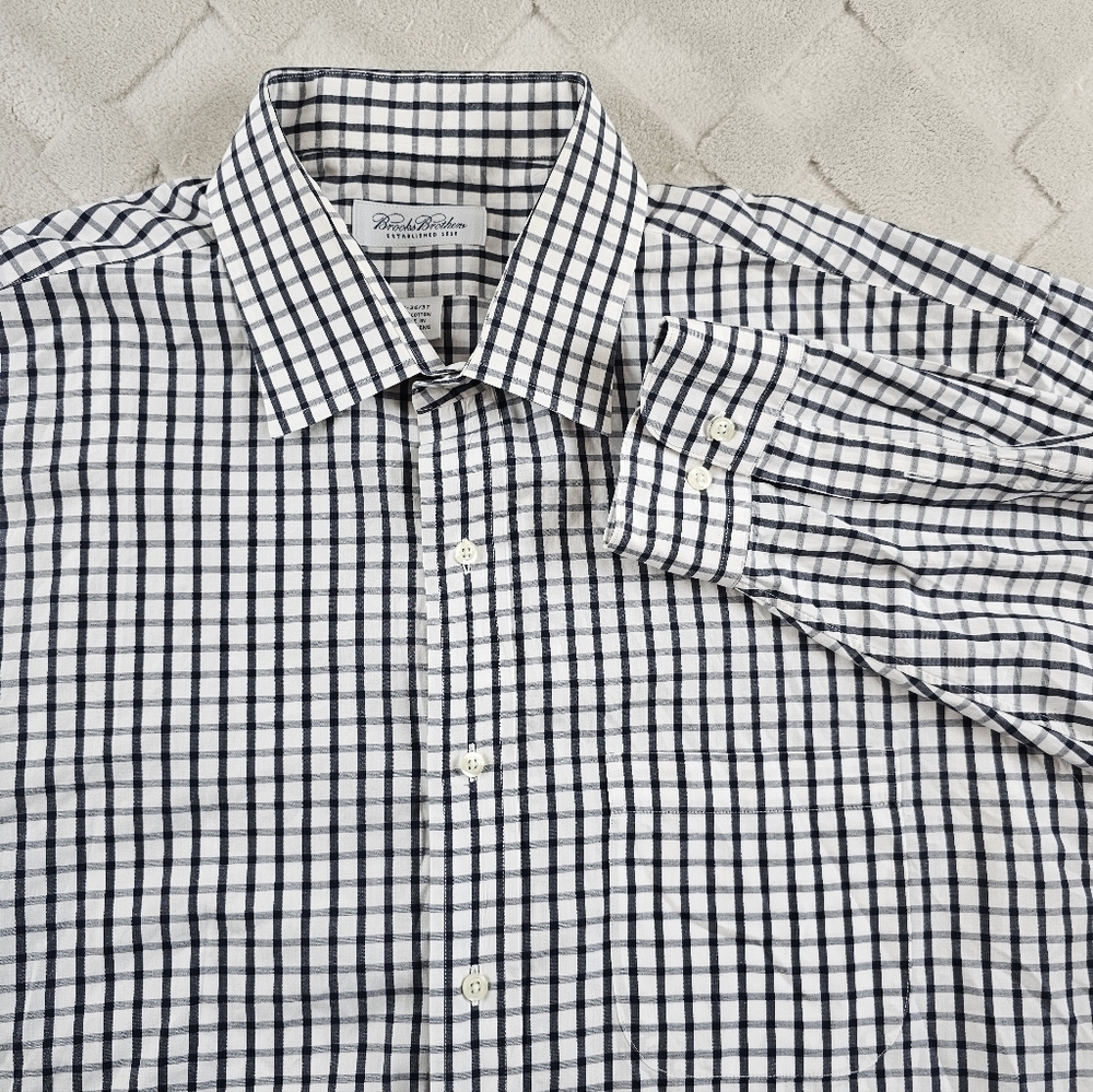 Brooks Brothers Dress Shirt Mens 18-36/37 Checkered Plaid Navy Blue White